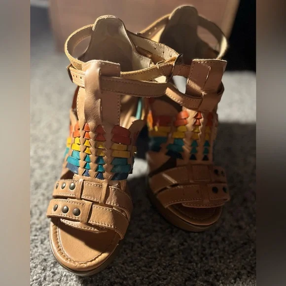 Mexican Huarache Colorful Leather Strappy Heels Sandals Women’s 9 Mexico 26 - Picture 2 of 13
